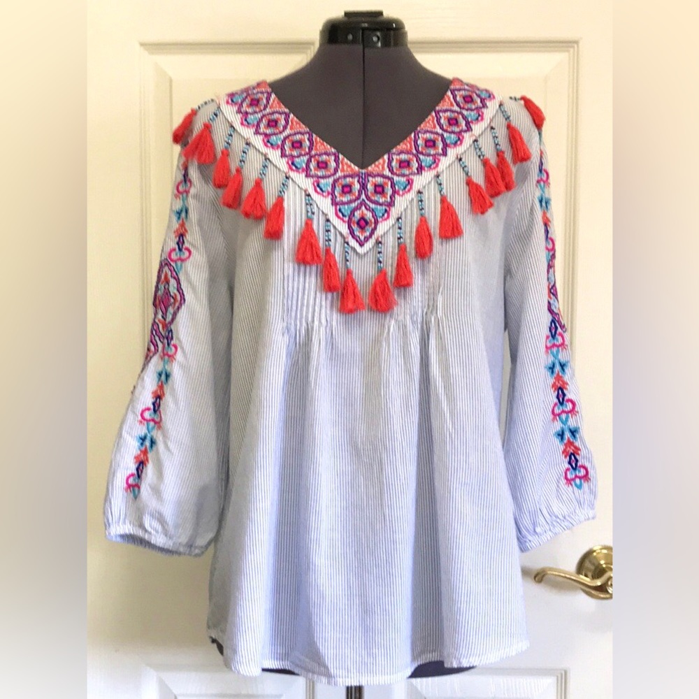 Chico's Embroidered Blouse with Red Tassels